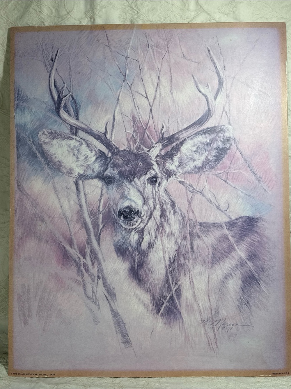 Vintage K. Maroon Silent Buck Print from Dallas Woodcraft Co. 1979 Deer in Woods